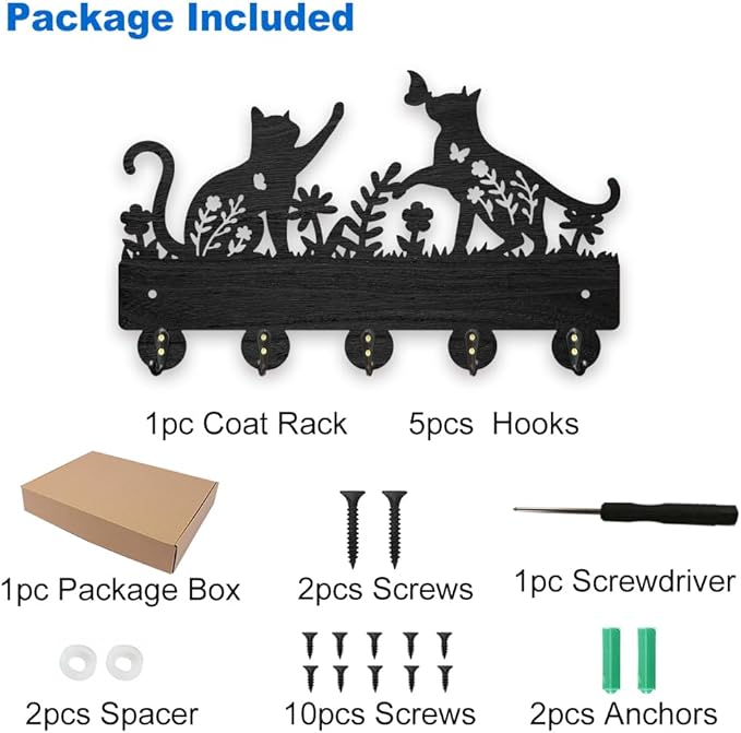 MAYJOYDIY Cat Butterfly Flower Coat Hooks Wall Mount Floral Cat Wood Key Holder for Wall 11.8×7.2inch Black Animal Wall Art Decor Key Hooks 5 Alloy Hooks for Gift Entryway Living Room Kitchen Office