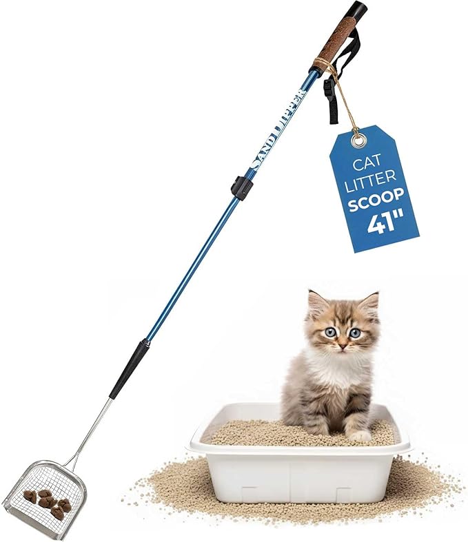 Sand Dipper Metal Cat Litter Scoop – Long Handle Cat Poop Scooper for Litter Box (41”), Heavy-Duty Stainless Steel Kitty Litter Scoop (Mid-Adjustable)
