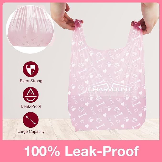 Charmount 270 Counts Unscented Dog Poop Bags Rolls with Handles, 16"x8"Extra Thick Pet Waste Bag, Leak Proof and Easy Tie, Cat Litter Bags, Pink