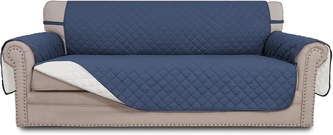 Easy-Going Reversible Couch Cover for 3 Cushion Couch Sofa Cover for Dogs Water Resistant Furniture Protector Cover with Foam Sticks Elastic Straps for Pet Cat (Sofa, Dark Blue/Ivory)