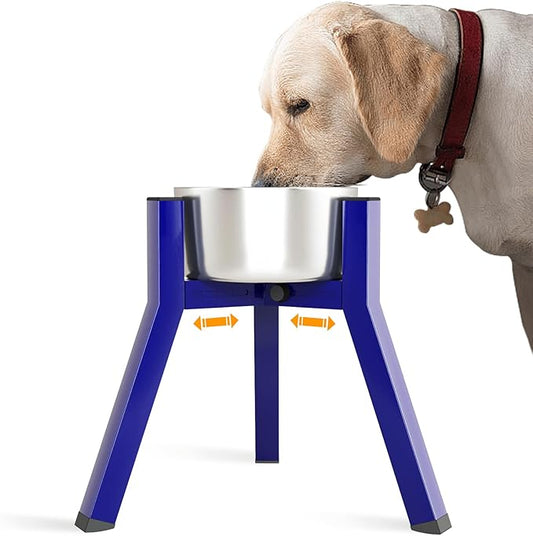 SHAINFUN Blue Raised Dog Bowl Stand, Adjustable Width Tall Elevated for 7-10.6" Bowls, Food Water Feeder, Metal Single Raised Holder, 11" Tall (Bowl Not Included)