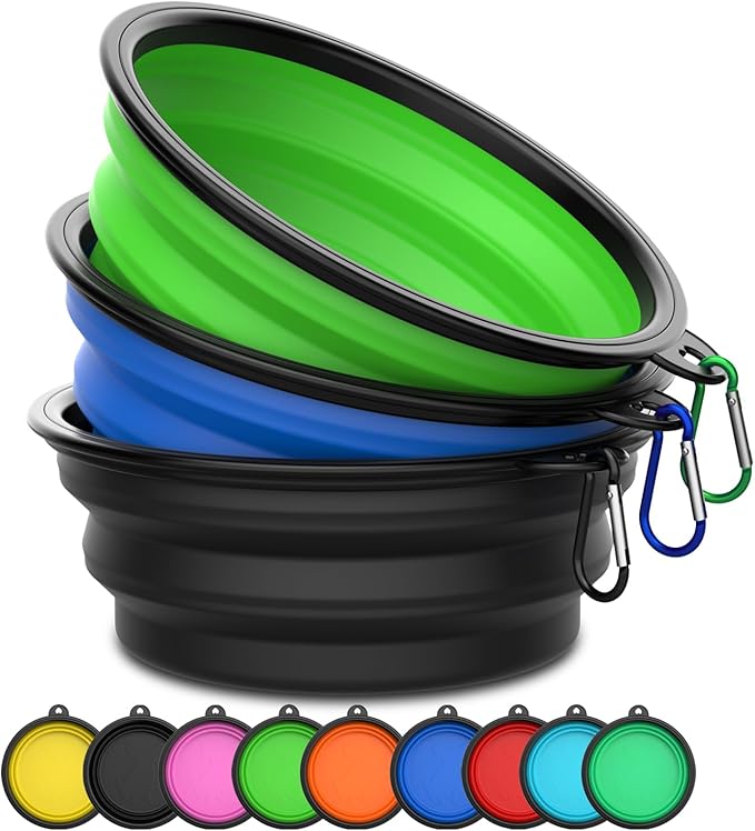 Takfox Collapsible Dog Bowls [3 Pack] 34 oz, Travel Dog Bowls, Pet Bowl Portable Foldable Water Food Feeding Dishes with Carabiner Clip for Traveling Hiking Walking-Black & Green & Blue