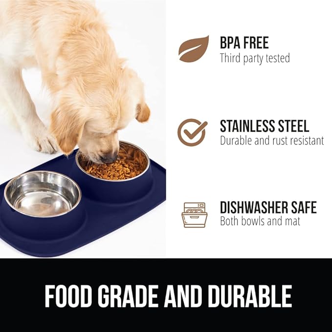 GORILLA GRIP Feeding Mat Set, Patent Pending 100% Waterproof BPA Free Silicone, Stainless Steel Cat and Dog Bowls, Slip Resistant, Edges Catch Water, Food, US Designed Pet Accessories, 2 Cup Navy Blue