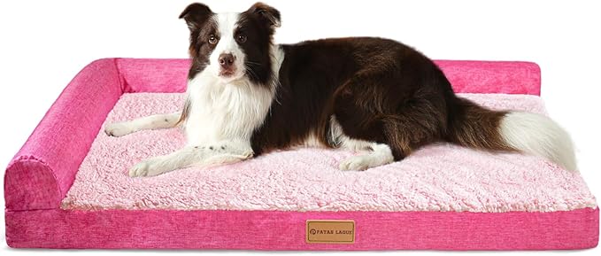 Patas Lague Orthopedic XL Dog Bed Large Sized Dog 48''X30'', Waterproof L Bolster Big Large Pet Sofa Beds with Removable Washable Cover, Soft Pet Couch Crate Mat with Nonskid Bottom, Pink