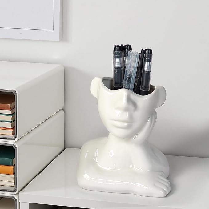 Ceramic Face Pen Holder Organizer, Female Form Face Pen Tools Storage Cup for Desk Accessories, Compact Pencil Holder for Desktop, Living Room, School, Home and Office Decor