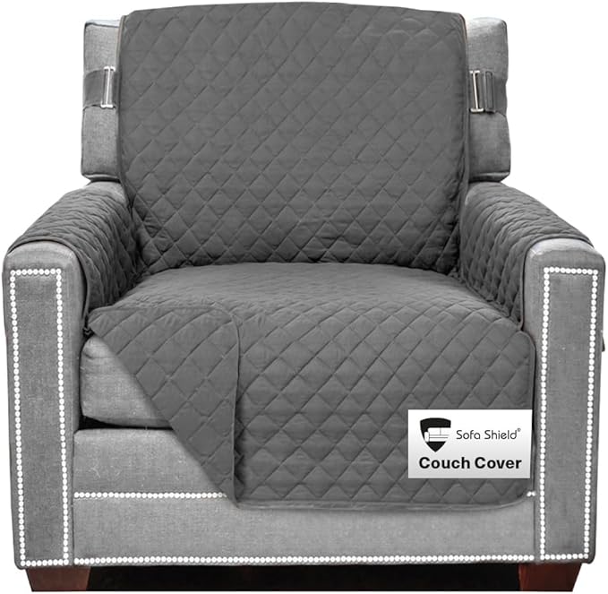 Sofa Shield Armchair Slip Cover with Patented Strap, Cushion Protector, US Designed Reversible Stain and Dog Tear Resistant Slipcover, 23 inch Seat, Washable Covers for Dogs Pets, Charcoal