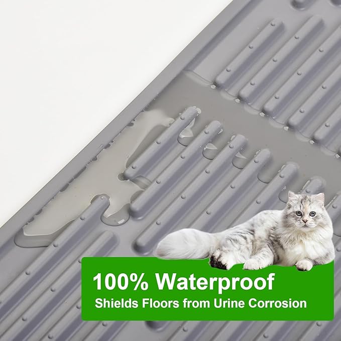Gosmol Waterproof Cat Litter Mat, XL 28" x 20" Silicone Cat Mat for Litter Box, Large Trapping Mat with Deep Grooves, Easy Clean Non-Slip Pet Mats for Hooded/Self-Cleaning Litter Boxes - Grey