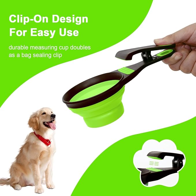 PNEUICALLY Collapsible Silicone Dog Food Scoop Foldable Pet Food Measuring Cup with Bag Clip 3 in 1 Multi-Function Silicone Dog Food Scooper (Green, Medium)