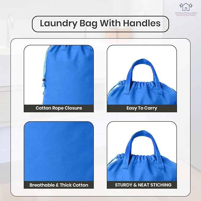 LFH Home Large Premium Cotton Canvas Laundry Bag with Drawstring and Handles Heavy Duty, Multi-Use, and Washable for Home, Travel, College or Storage 20x30 (Pack of 2)-Sky Blue