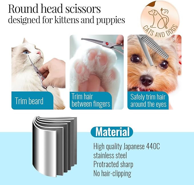 FOGOSP 4.5" Dog Grooming Scissors - 2pcs Curved Scissors & Thinning Shears for Small Dog, Cat Face & Paws - Japan 440C (2Kit)