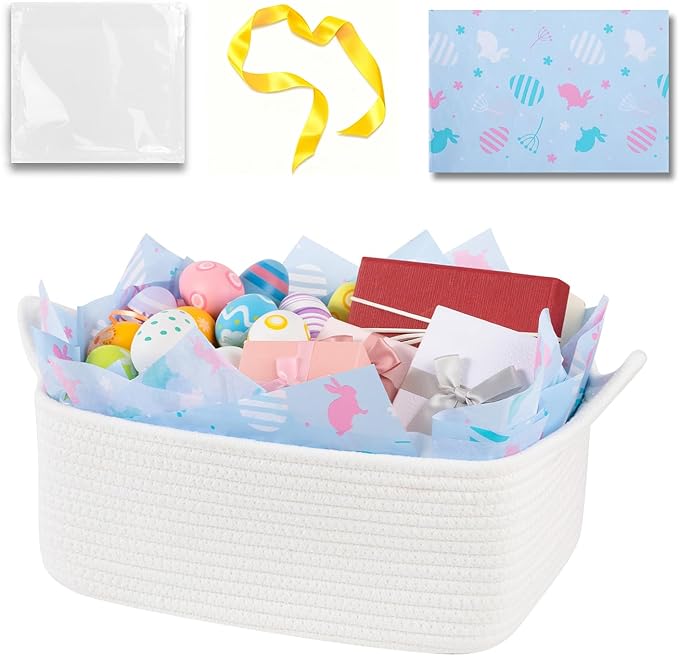 OIAHOMY Woven Basket, Gift Basket Empty with Gift Bags, Ribbons and Wrap Tissue Paper, Rope Baskets for Baby Showers, Storage Baskets with Handles for Nursery, Pet Toy Organizer - Easter White
