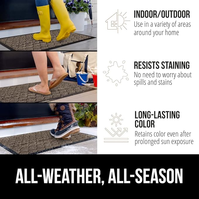 GORILLA GRIP 100% Waterproof All-Season WeatherMax Doormat, 34x58, US Designed Natural Rubber, Stain and Fade Resistant, Low Profile Indoor Outdoor Door Mats, Easy Clean Patio Mat, Latte Quatrefoil
