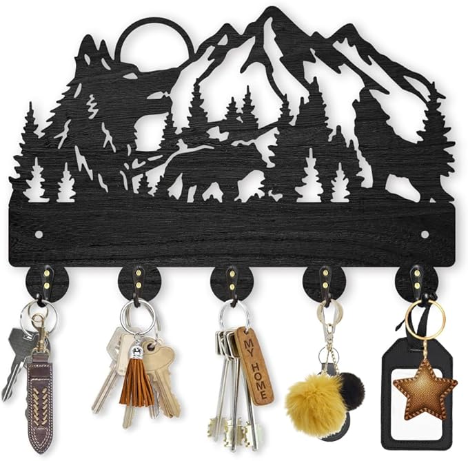 MAYJOYDIY Wood Wolf Forest Coat Rack Wall Mount Mountain Tree Key Holder for Wall Animal Sun Wall Hook 11.8×7.9inch Decorative Bear Hook 5 Alloy Hooks for Gift Entryway Living Room Farmhouse Cabin