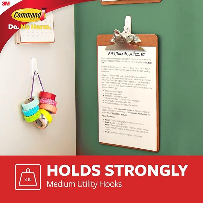 Command Medium Utility Hooks, 9 Wall Hooks and 12 Strips, Damage-Free Hanging with Adhesive, No Tools Great for Hanging Christmas Decorations, Holds up to 3 lb