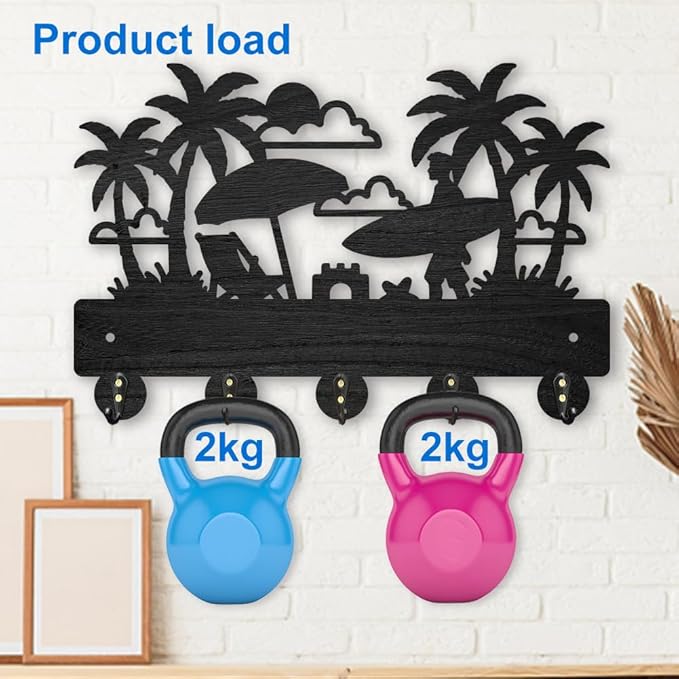 MAYJOYDIY Beach Coat Hooks Wall Mount Summer Coconut Tree Wood Key Holder for Wall 11.8×7.9inch Black Wall Art Decor Key Hooks 5 Alloy Hooks for Gift Entryway Living Room Kitchen Office