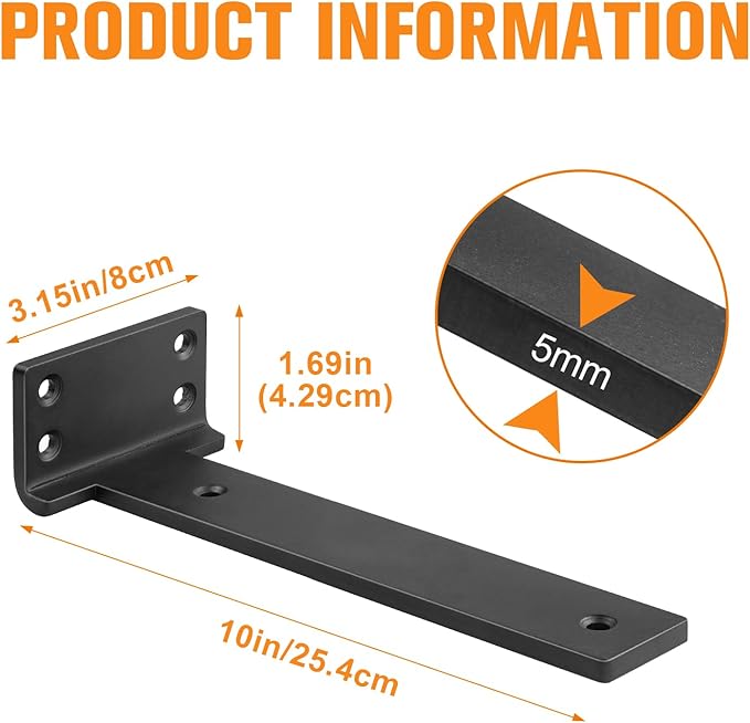 Floating Shelf Brackets 10 inch 10 Pack L Brackets for Shelves Black Metal Heavy Duty Shelf Bracket for DIY Decorative with Mounting Hardware