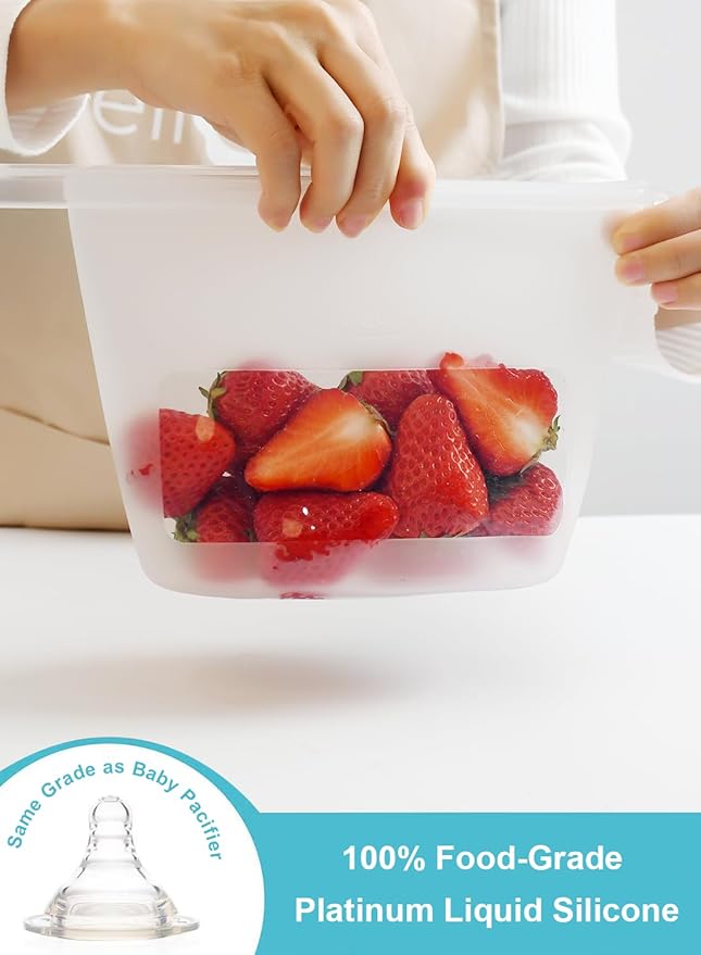 Reusable Silicone Food Storage Bags 4-Pack with 1 Sandwich, 1 Lunch, 1 Half-Gallon and 1 Gallon, Multi-Use & Sous Vide Stand-Up Container for Soup and Leftovers, Microwave, Dishwasher and Freezer Safe