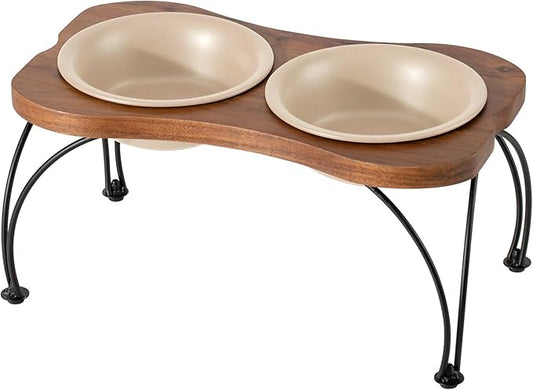 Ceramic 7.1-inch Raised Double-Bowl Set with Non-Slip Stand, 2.5 Cup Food or 24 oz Water Dishes for Medium and Dogs, Wide Opening with Rounded Edges(Oat Beige)