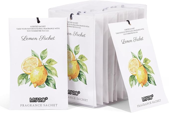 MYARO 12 Packs Lemon Scented Sachets for Drawer and Closet - Long Lasting Bathroom Odor Deodorizer Fresh Scents Car Air Refrehener Home Fragrance
