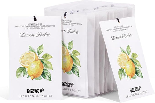 MYARO 12 Packs Lemon Scented Sachets for Drawer and Closet - Long Lasting Bathroom Odor Deodorizer Fresh Scents Car Air Refrehener Home Fragrance