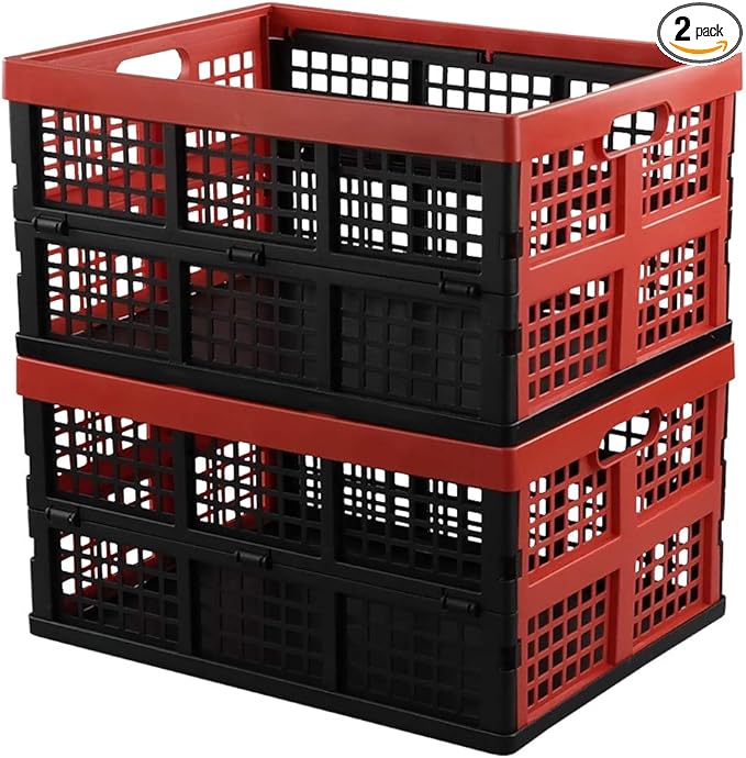 Hespapa 35 Quart Folding Crates, Red Plastic Collapsible Storage Container Milk Crate Baskets, 2 Pack