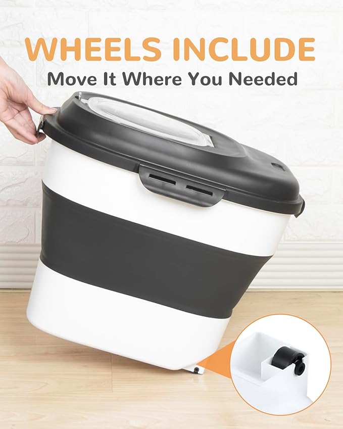 DDMOMMY 30-35 Lbs Dog Food Storage Container Collapsible Dog Food Container with Airtight Lids, Wheels, Scoop and 2pcs Food Storage Containers, Large Pet food storage for Dog, Cat (Black)