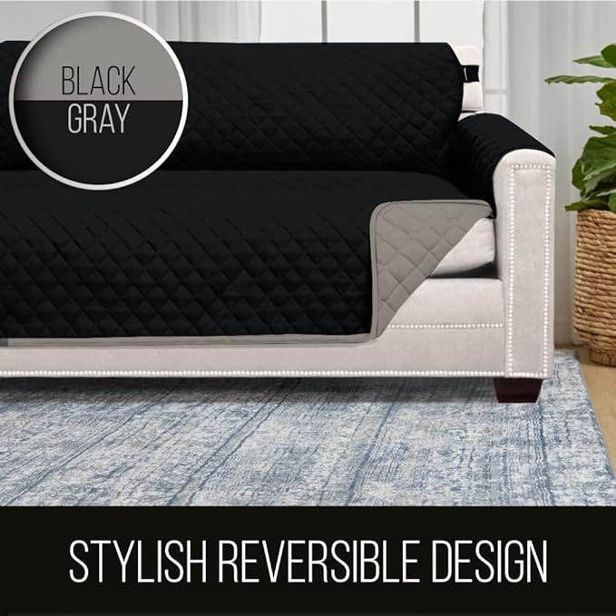 Sofa Shield Couch Slip Cover with Patented Strap, Cushion Protector, US Designed Reversible Stain and Dog Tear Resistant Slipcover, 62 inch Seat, Washable Covers for Dogs Pets, Black Gray