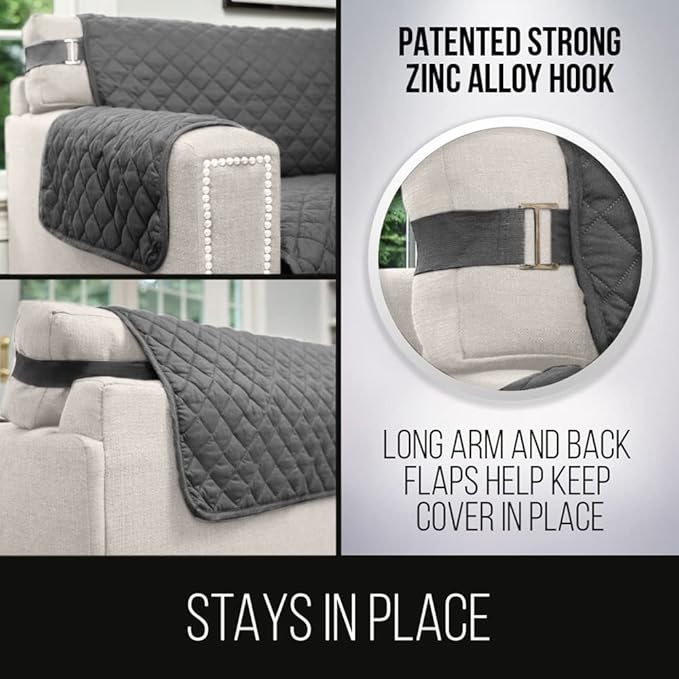 Sofa Shield Couch Slip Cover with Patented Strap, Cushion Protector, US Designed Reversible Stain and Dog Tear Resistant Slipcover, 78 inch Seat, Washable Covers for Dogs Pets Kids, Charcoal