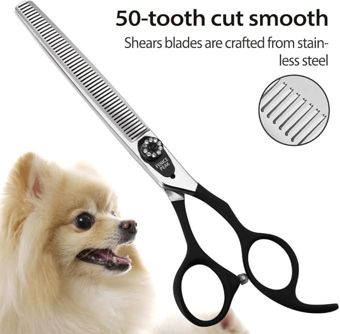 Fenice Peak 7.5'' Dog Thinning Scissors For Grooming 440C Stainless Steel Black Non-Slip Handle Sharp Blades Professional Pet Trimming Scissors for Cats Thinning Rate 35%