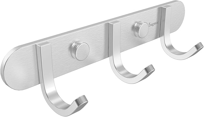 Coat Hook Rack Brushed Nickel - Sagmoc 8-Inch Coat&Towel Hook Rail Wall Mounted with 3 Hooks, Durable Wall Hangers for Bedroom, Bathroom, Foyer, Hallway (SUS304 Stainless Steel)