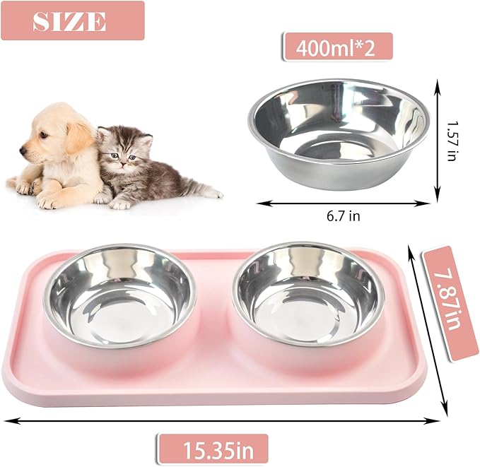 MUYG Double Dog Food Bowls with Mat,Stainless Steel Dog Bowls with No Spill Non Skid Silicone Mat Removable Cats Water and Food Bowl Set for Puppy Cats Kitten Small Medium Dogs(Pink)