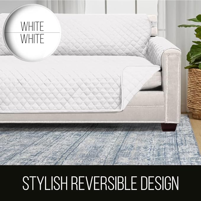 Sofa Shield Chaise Slip Cover with Patented Strap, Cushion Protector, US Designed Reversible Stain and Dog Tear Resistant Slipcover, 102x34 inch Seat, Washable Covers for Dogs Pets, White
