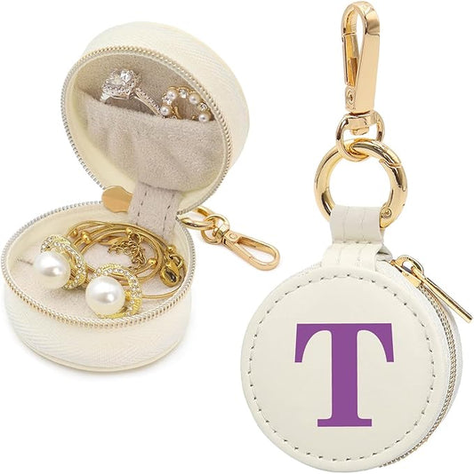 Mini Initial Travel Jewelry Case Ring Holder, Beige Faux Leather Small Jewelry Organizer Box Gifts for Women Girls Nurse Teacher, Gym Travel Accessories Keychain Pouch for Earrings Rings Necklace T
