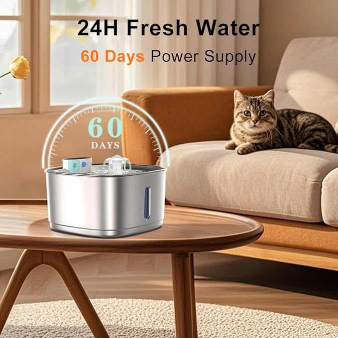 Wireless Cat Water Fountain Stainless Steel, 108oz/3.2L Cat Fountain Battery Operated, Cordless Pet Water Fountain for Cats & Dogs with Motion Sensor, Ultra Quiet Pump, Multi-Filtration