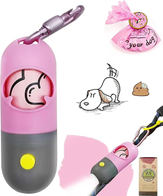 Dog Poop Bag Holder Dispenser with LED Flashlight - Night Visibility for Safe Evening Walks | Upgraded Hands-Free Leash Clip | Includes 15 Dog Waste Bags (Pink)