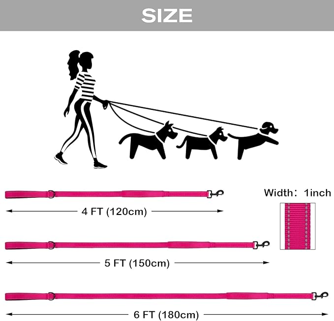 Joytale Dog Leash Heavy Duty for Large Dogs that Pull, Double Handle for Traffic Control, Double-Sided Reflective Leashes for Large Medium Dogs Night Safety, 4FT, Hot Pink