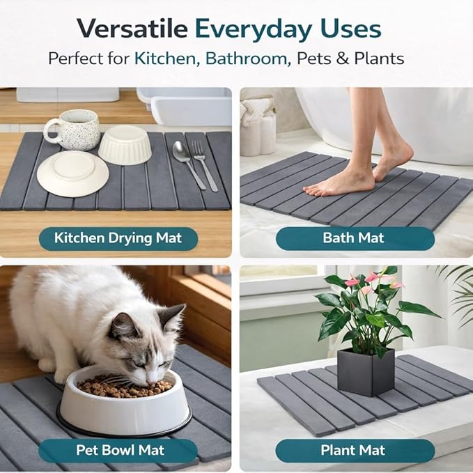Diatomite Stone Drying Mat Kitchen Counter, Super Absorbent Quick Dry Surface for Dishes Cups Bottles, Diatomaceous Earth Dish Drainer Pad, Multipurpose Bathroom Floor Pet Bowl Plant Tray
