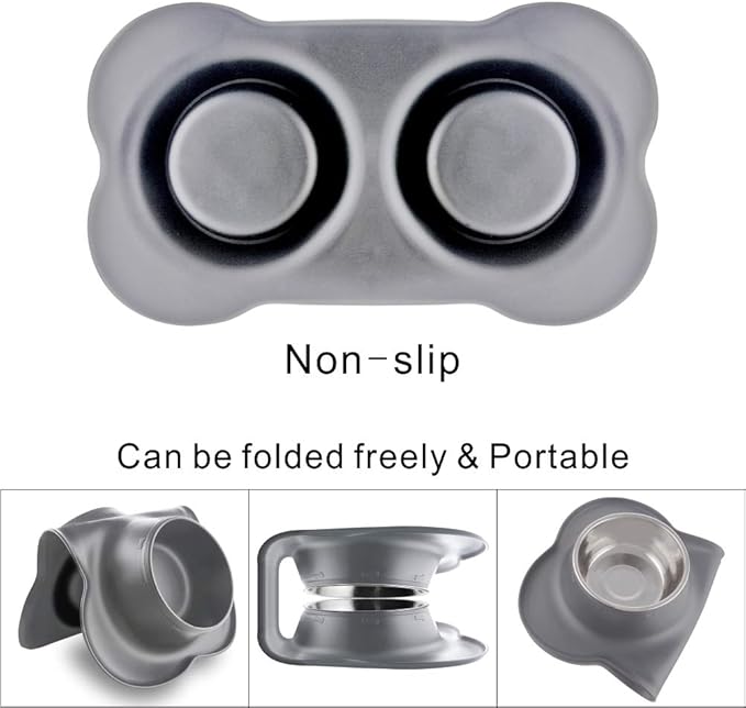 Dog Bowls with Mat, Cat Water Food Bowl Set (13.5oz Each) in No Spill Silicone Mat, Dual Pet Feeder Bowl for Puppy, Cats, Small Medium Dogs (Bone Shape, Grey)
