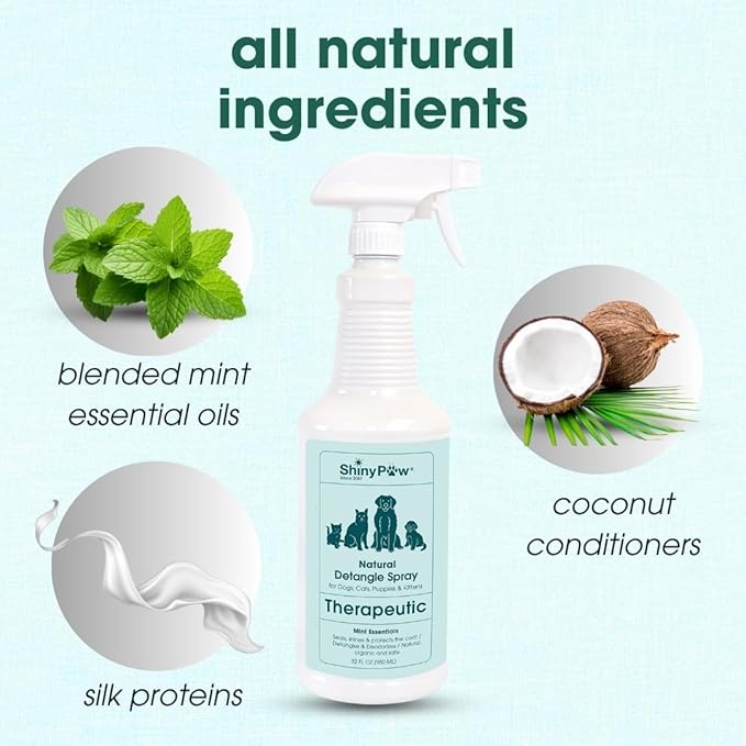Pet Detangler Spray for Dogs & Cats 32 oz by Shiny Paw | Mint Essentials Detangler Spray | Hypoallergenic Dogs Detangler | Shines & Restores Coat | Made in The USA