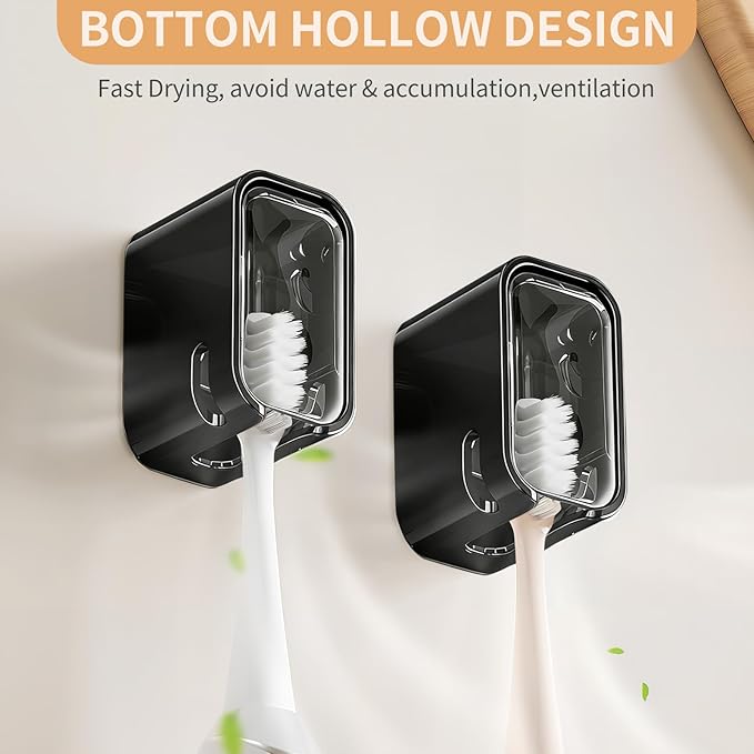 Wall Mounted Toothbrush Holders for Bathroom,Strong Self Adhesive Tooth Brush Holder with Cover, Toothbrush Heads Organizer for Family, 4 Pcs