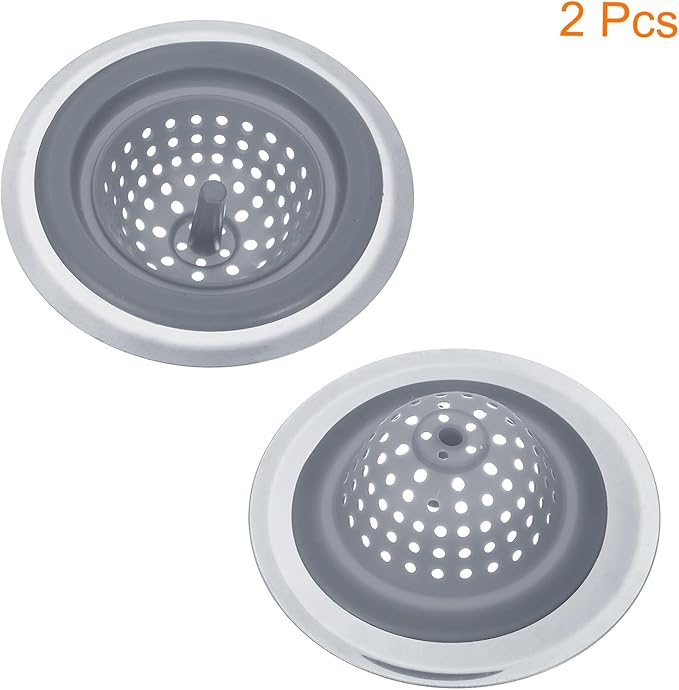 uxcell Silicone Sink Strainer, 2Pcs Kitchen Sink Drain Strainer Stopper with Detachable Stainless Steel Edge 4.4" Diameter Rim, Grey
