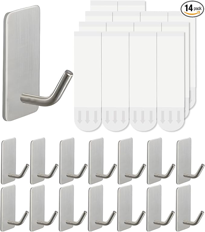 14 Pcs Towel Hooks with Removable Strips for Hanging, Adhesive Wall Hooks Heavy Duty, Outdoor No Damage, Sticky Hook for Bathrooms, Shower, Stockings, Decor, Robe, Small, Silver 304 Stainless Steel