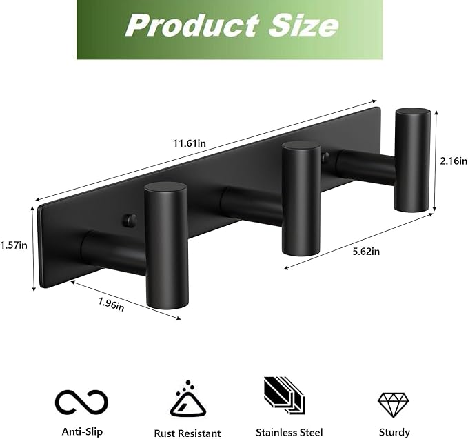 VINHOLD Wall Mounted Coat Rack-3 Hooks, Heavy Duty Stainless Steel Wall Hooks for Towel Coat Bag, Hat Rack Coat Hanger Coat Hooks Towel Racks for Bathroom Entryway Kitchen Hotel Office (Black, 1 Pack)