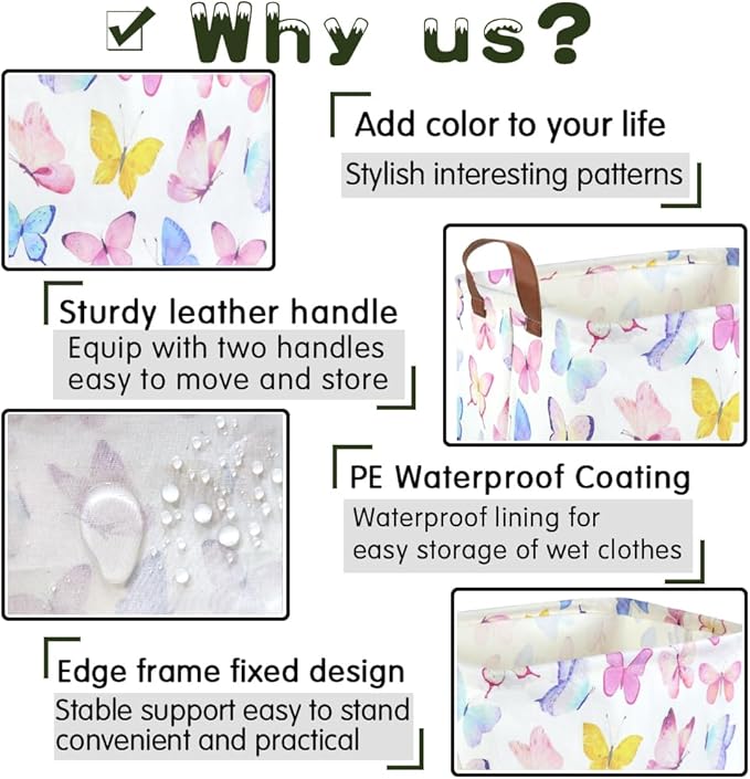 FXOCSHE Rectangular Butterfly Basket,Girls Basket, Foldable waterproof cute storage basket,Kids Storage Bin,Toy gift Organizer,Girls Room Decor,Butterfly Room Decor,Gift Box(Colorful Butterflies)