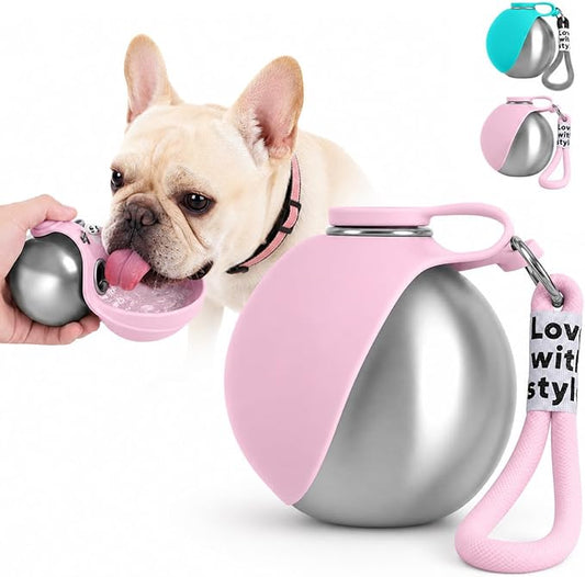 Portable Dog Water Bottle, 10 oz Stainless Steel Pet Travel Dispenser with Silicone Foldable Bowl, Leak Proof Tumbler, Dog Walking Accessories for Hiking and Small Pets (Pink)