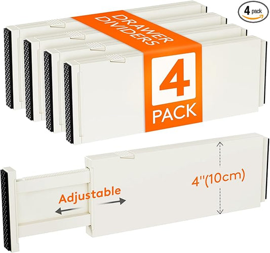 Lifewit 4 Pack Drawer Dividers Plastic 4" High, 11-17" Adjustable Drawer Organizers for Clothes, Expandable Dresser Separators in Bedroom/Bathroom/Kitchen/Office Organization and Storage, Beige
