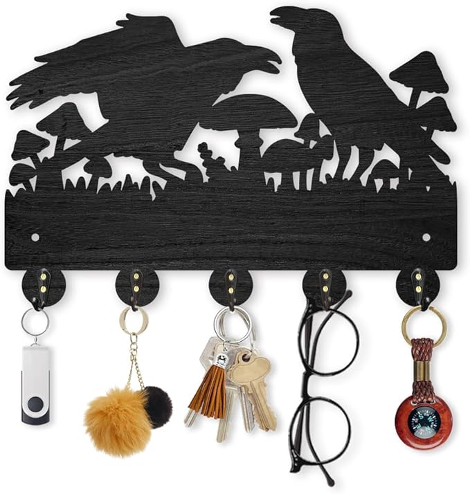 MAYJOYDIY Crow Coat Hooks Wall Mount Black Crow Mushroom Wood Key Holder for Wall 11.8×7.9inch Black Wall Art Decor Key Hooks 5 Alloy Hooks for Gift Entryway Living Room Kitchen Office