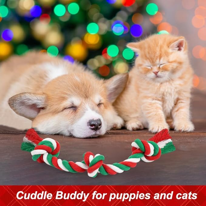 SZEE Dog Rope Toy, 14 in 3 Knots Christmas Dog Chew Toys for Medium and Small Dogs, Natural Cotton Pull Toy for Tug of War and Teeth Cleaning (Red & Green)
