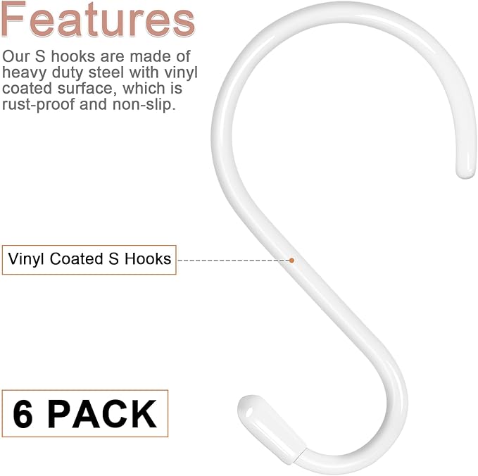6 Pack 5 inch S Hooks for Hanging Heavy Duty, Large Vinyl Coated Closet S Hooks Non Slip Metal S Hooks for Hanging Kitchen Utensil Pot Pan Cups Clothes Jeans Towels Hats Bags Plants (White)
