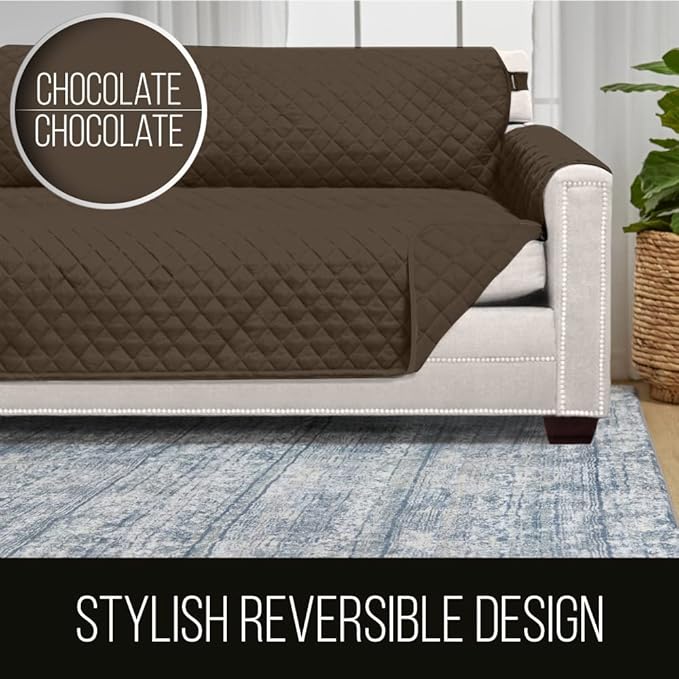Sofa Shield Recliner Slip Cover with Patented Strap, Cushion Protector, US Designed Reversible Stain and Dog Tear Resistant Slipcover, 25 inch Seat, Washable Covers for Dogs Pets, Chocolate